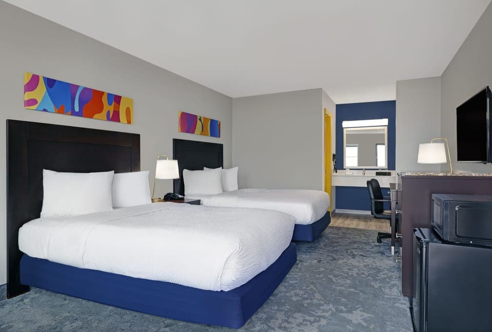 Double Room, 2 Double Beds, Non Smoking | Desk, laptop workspace, blackout drapes, iron/ironing board