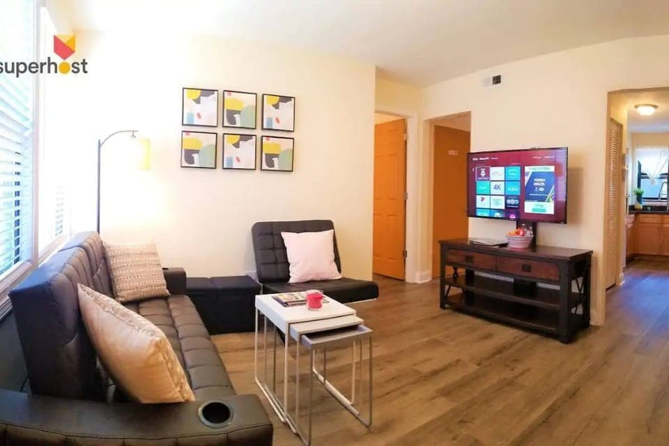 Spacious Living Room with Roku TV, sofa bed, smart thermostat, etc