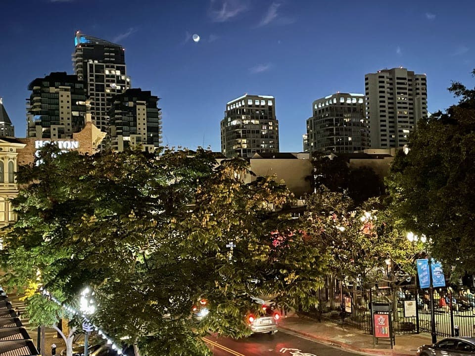 The view outside the balcony at night.