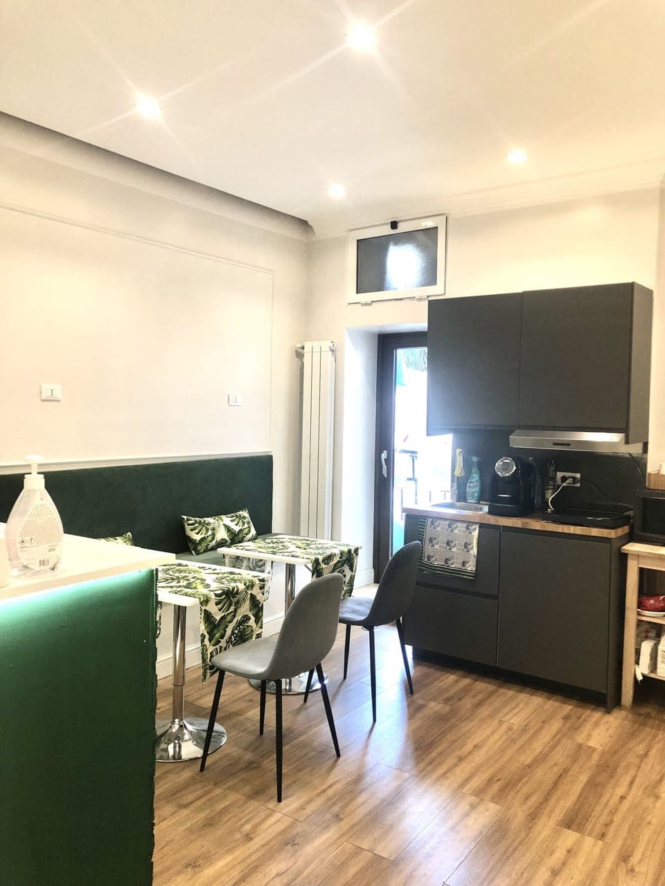 Mini-fridge, microwave, stovetop, espresso maker