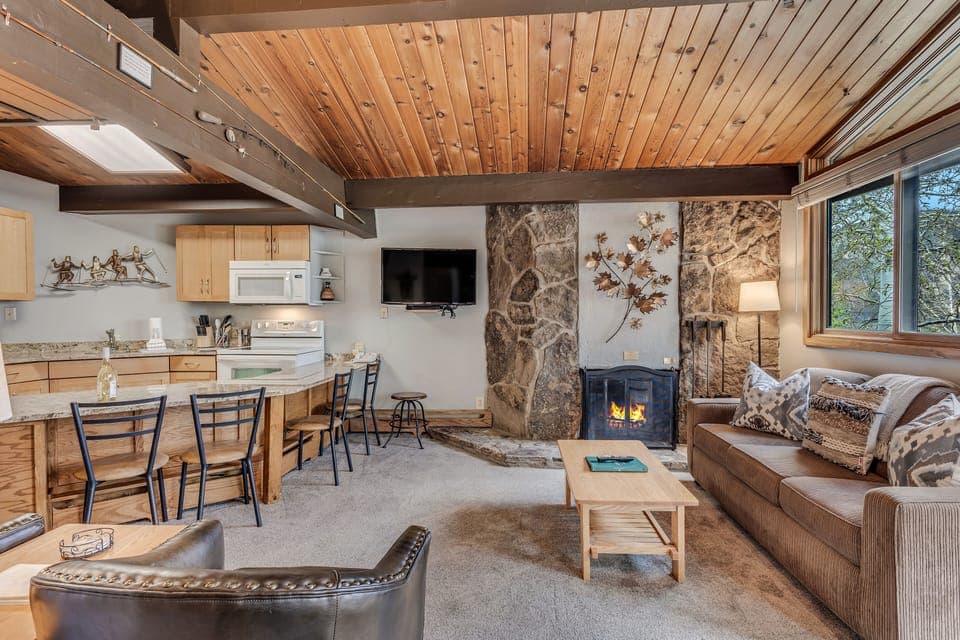 Living room with wood-burning fireplace