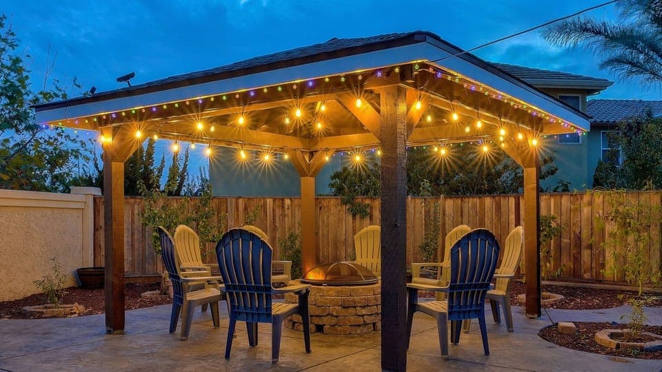 Evening fire pit under the gazebo — perfect for relaxing nights