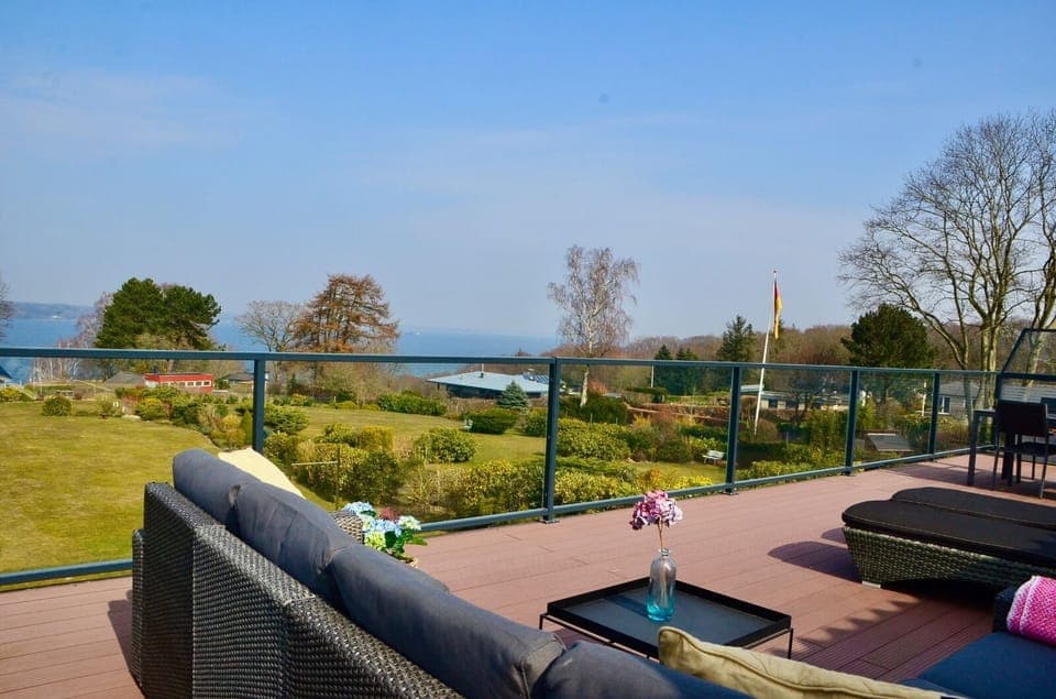 sunny terrace with comfortable seating area