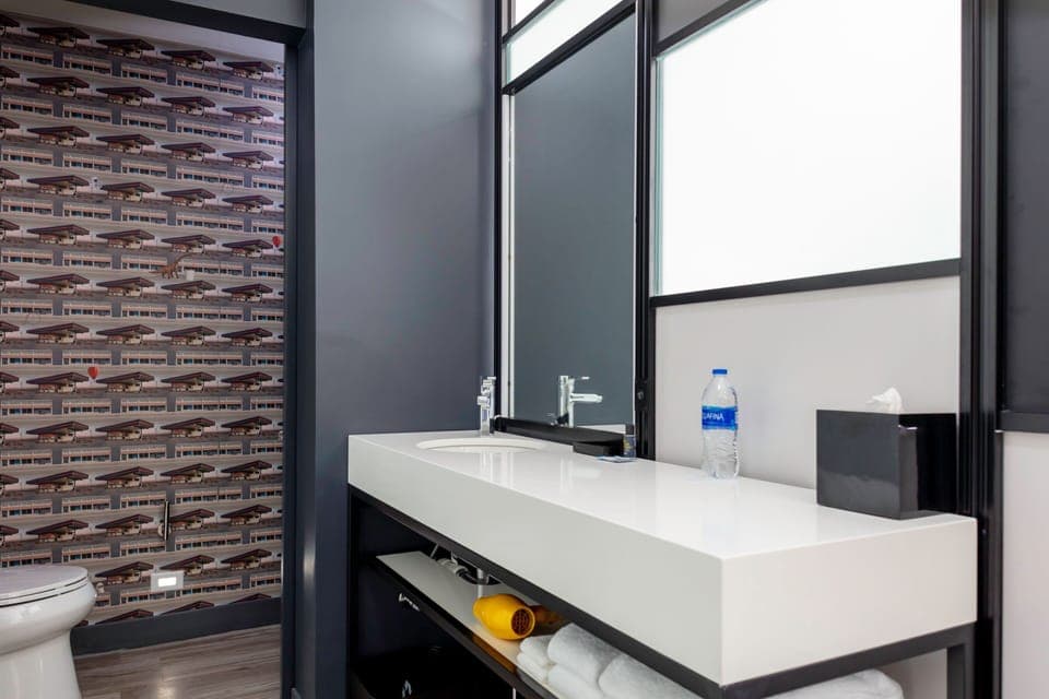 Shower, rainfall showerhead, designer toiletries, hair dryer