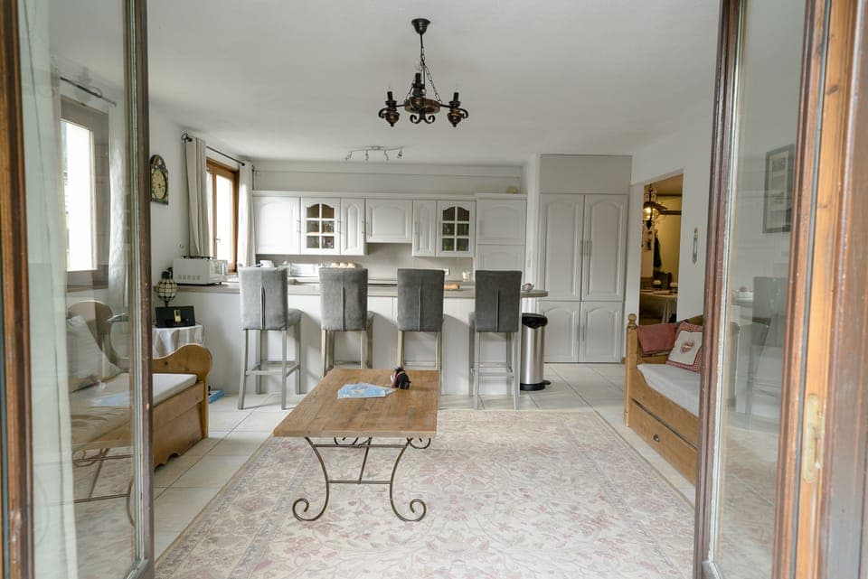 Looking into the lounge from the terrace in the private garden.