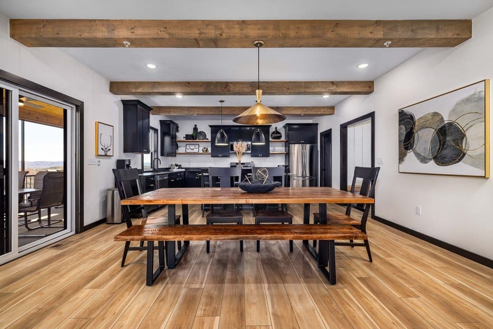 This open kitchen, dining and living room floorplan is perfect for those family gatherings