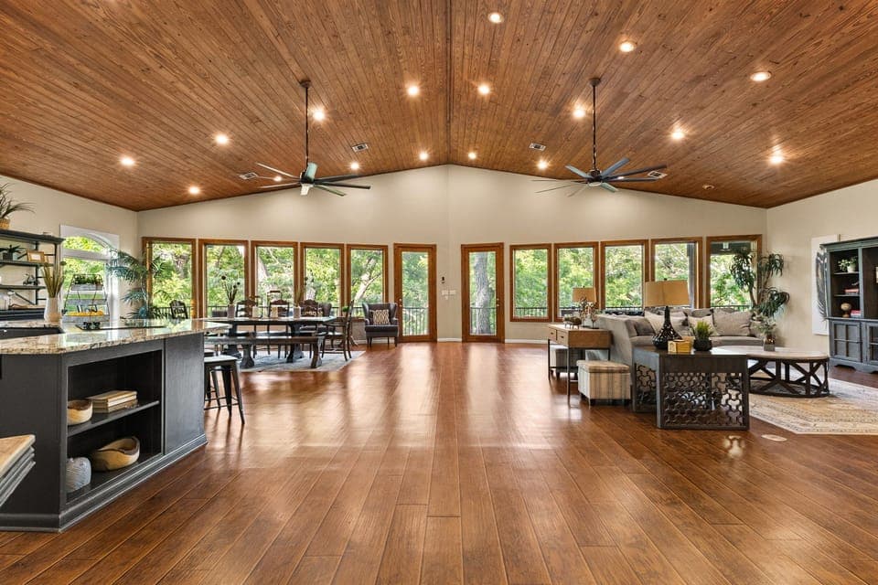 Spacious open lodge. Hardwood floors, wood ceilings, ample room to gather.