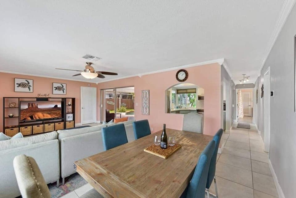 Living room area with a view from the outside.