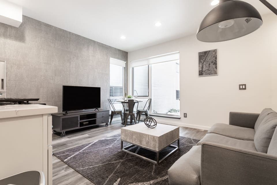 Our living room with sleeper sofa, 50" Roku TV, dining area, and kitchen