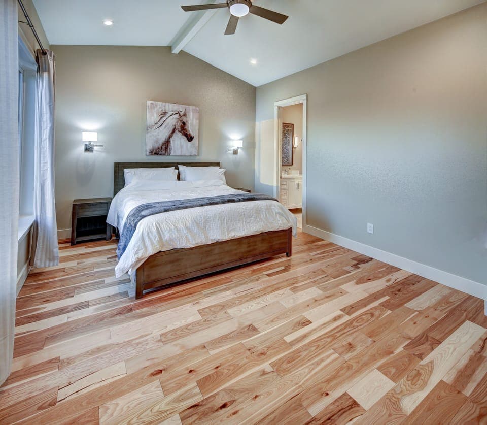 Master bedroom with King bed, view and vaulted ceiling