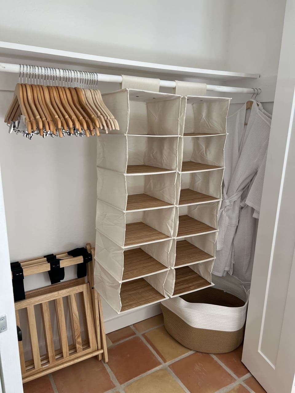 Bed 1 closet: luggage racks, plenty of hangers, hanging shelves, 2 robes.