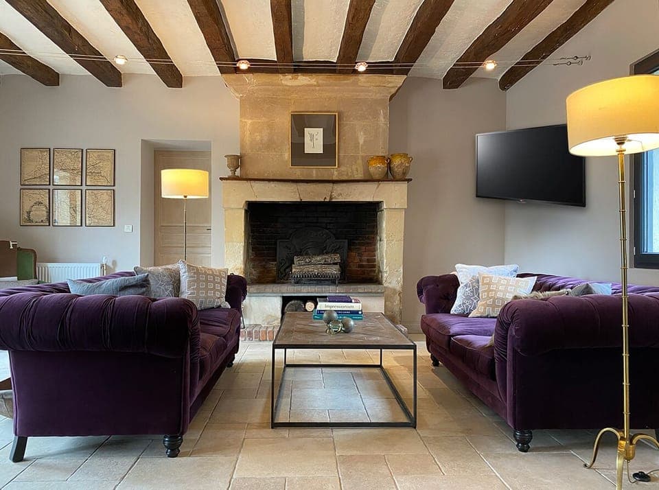 The salon features a stone fireplace and a large television.