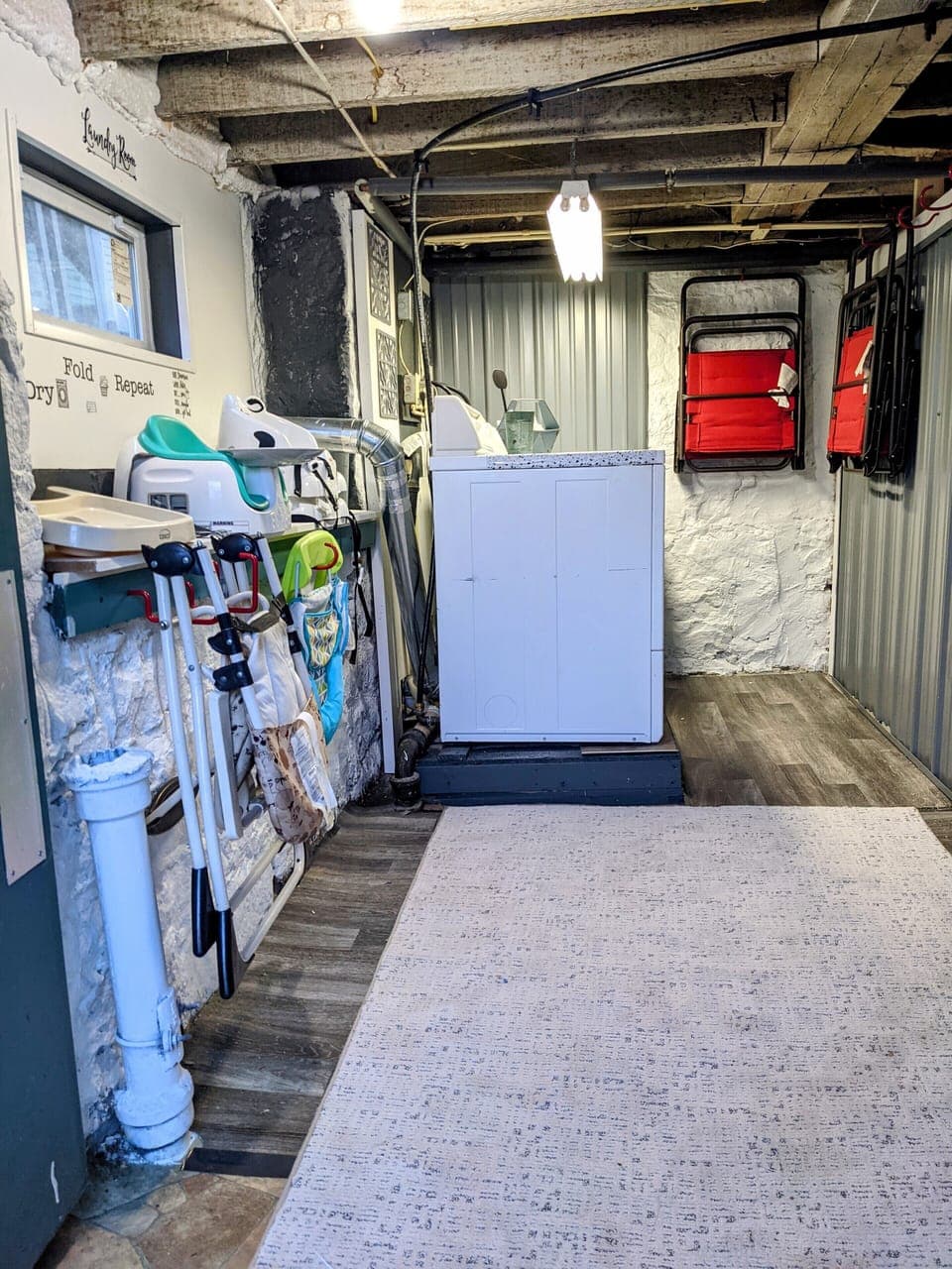 Basement washer, Dryer, Hooks, Bike rack, baby items
