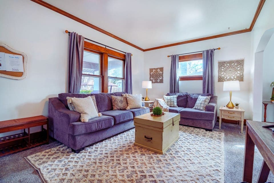 Beautifully decorated living room space with comfortable couch and loveseat.  55in Smart ROKU TV to stream your favorite shows.