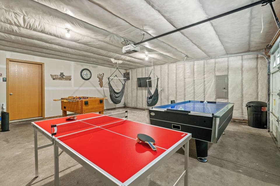 Game garage hangout—tons of fun, but not climate controlled! 