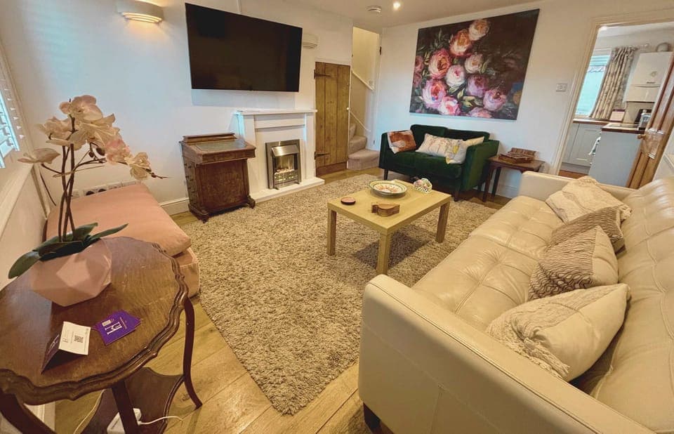 bright living room with modern fireplace