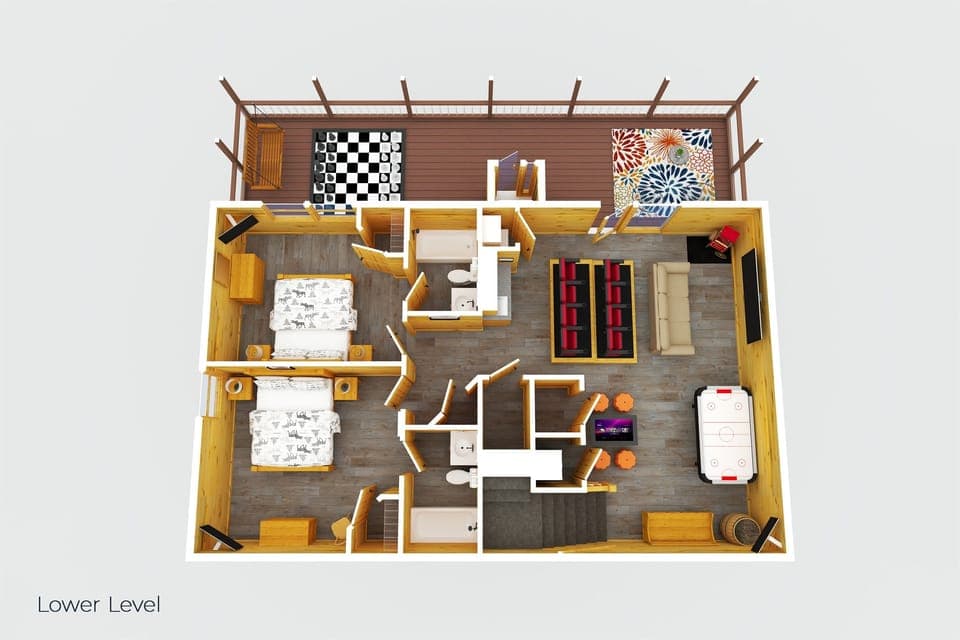 Lower level features 2 queen bedrooms with ensuite baths, our game room and theater room, laundry closet, outdoor giant chess/seating/and infrared sauna!