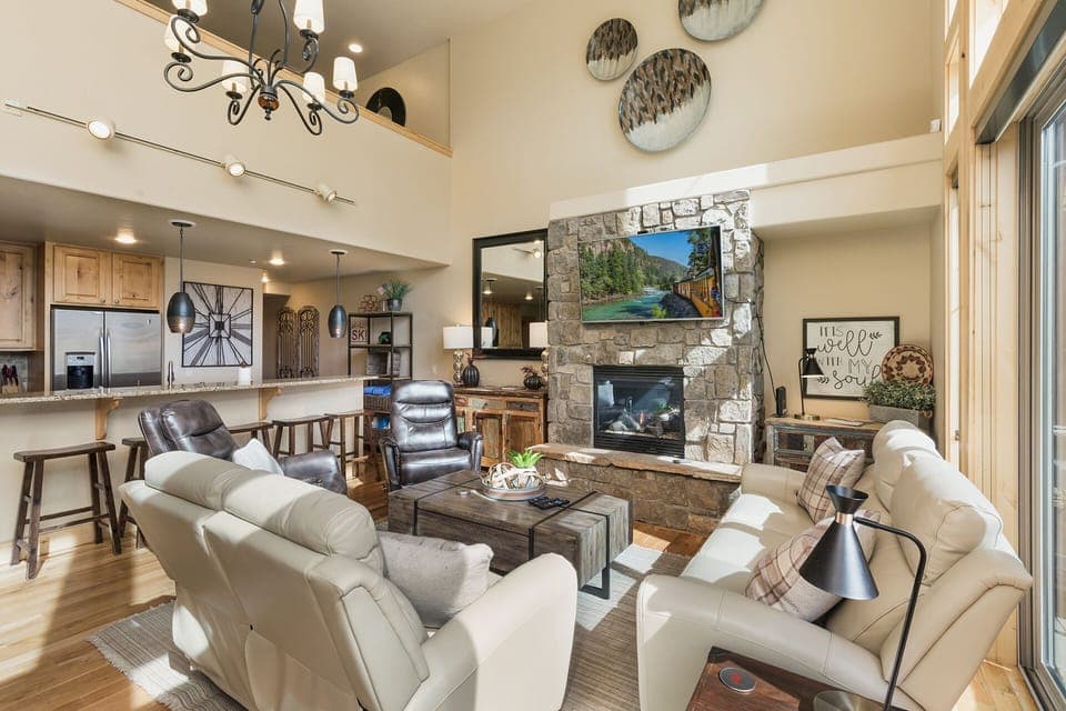 Main Living Space and Kitchen - Gas Fireplace, TV and deck access