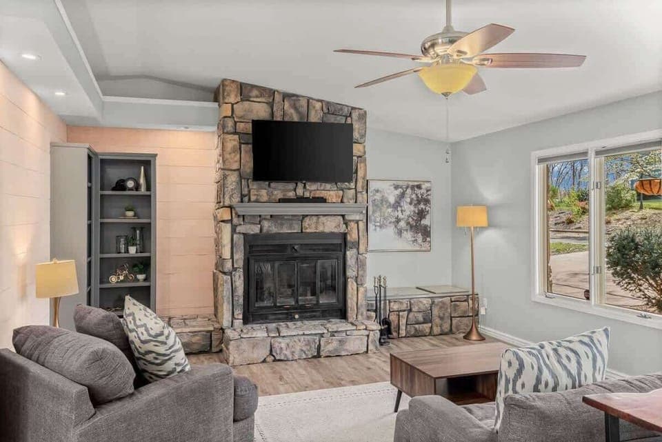 Gather around the stone fireplace for cozy evenings after riding the Tweety Bird Trail.