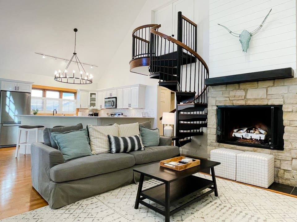 Our open floorplan living room, dining area and kitchen-perfect for entertaining