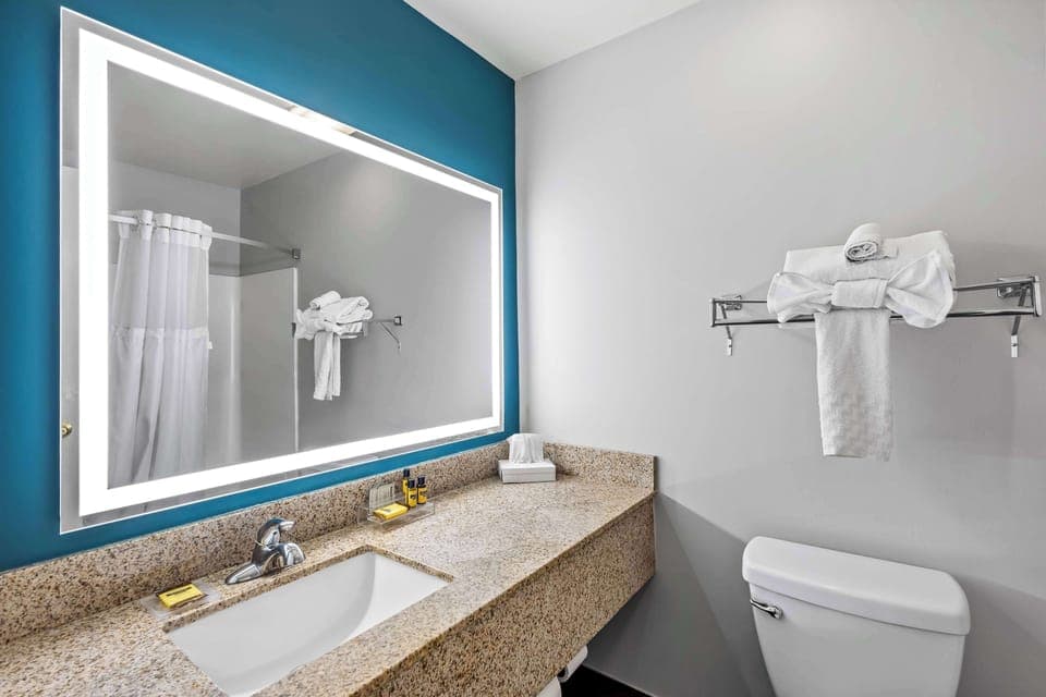 Combined shower/tub, free toiletries, hair dryer, towels