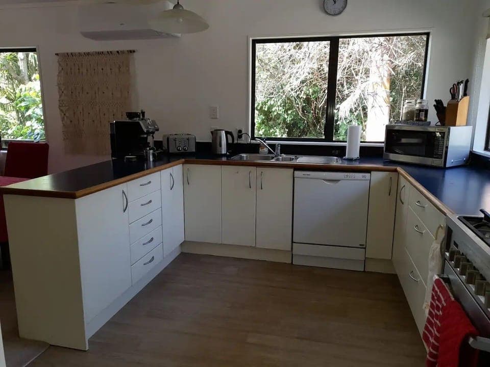 Family size appliances,  starter size coffee, beans, tea etc for long stays