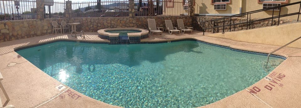 Seasonal outdoor pool, sun loungers