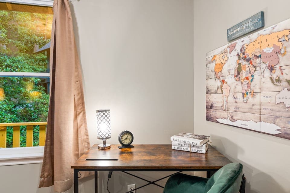 Both levels have a desk and comfortable chair so you can get work done before or after play. Be sure to mark your spot on the map with the pins provided in the pocket, and drop us a note in the guest book!