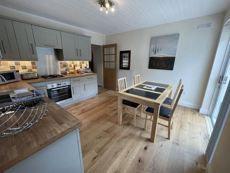 The newly refurbished dining kitchen is fully fitted and very well equipped with hob, oven, fridge, freezer, dishwasher microwave, plenty of crockery and glassware