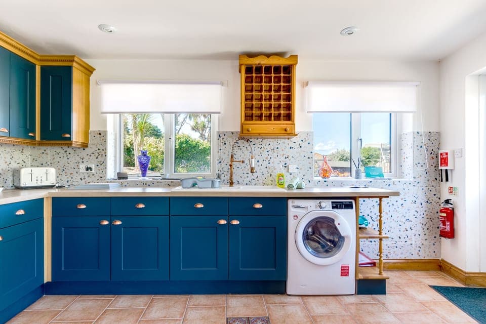 Fridge, electric kettle, toaster, cookware/dishes/utensils