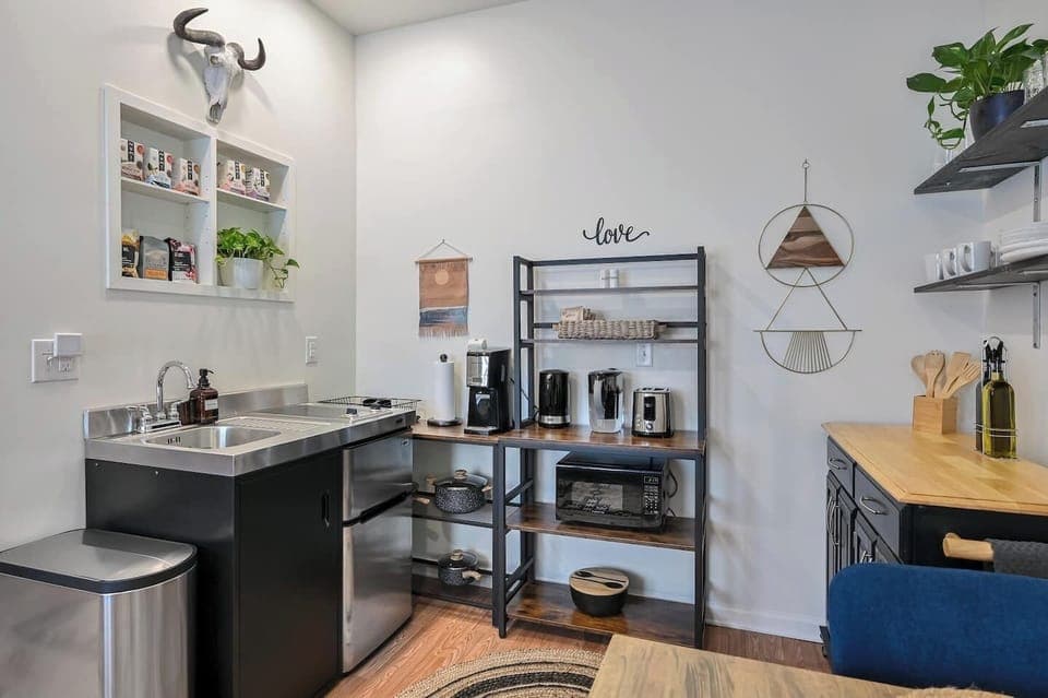 Enjoy all the basics in our cute kitchen with a great selection of organic coffee and teas.