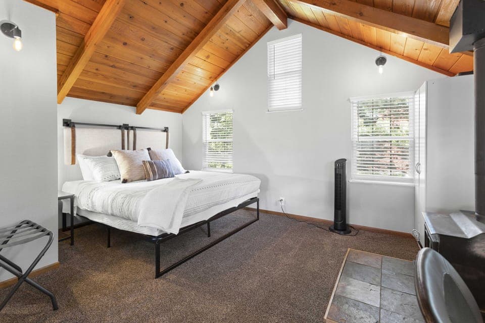 King Bed with Memory Foam Mattress, and Wood Stove