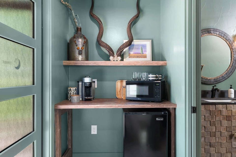 Mini fridge, microwave and Nespresso