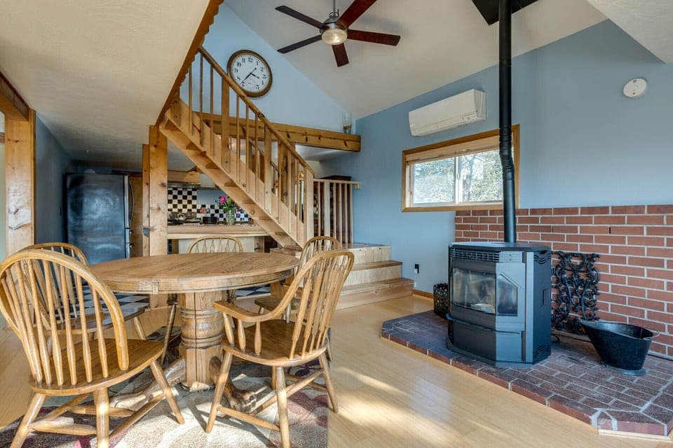 The pellet stove adds ambience to this charming home.