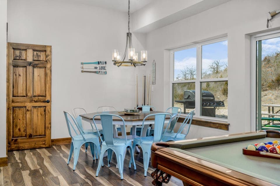 Seating for dining or game play on the lower level