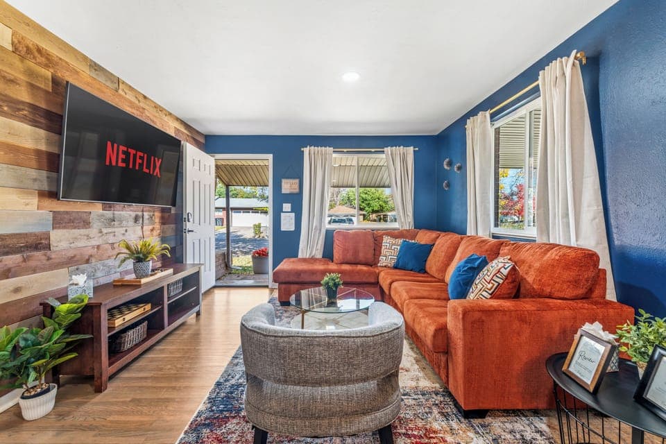 🌟📺 Lounge in Style 📺🌟 Kick back on the comfy sofa 🛋️, binge Netflix 🎬, and enjoy the perfect blend of color, comfort, and modern charm 💛🏡