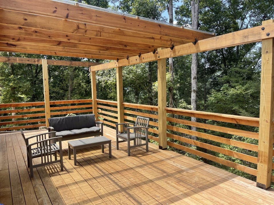 back porch 450sf at the top of 100 years old oak forest .