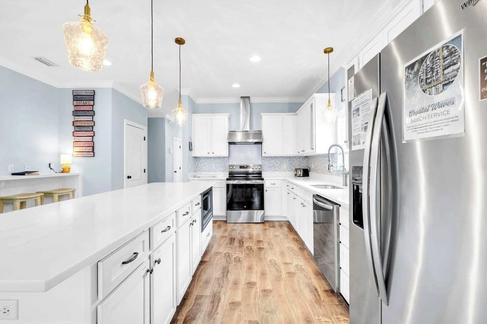 Classic & Elegant Stainless Steel Appliance Filled Kitchen, Large Granite Island