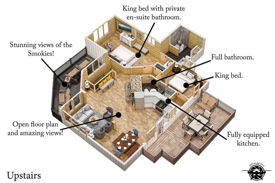 Ascend to the upper level of our thoughtfully crafted sanctuary. Here, the charming living spaces unfold seamlessly. Envision the bedrooms adorned with unique touches and the inviting common areas where loved ones can gather at the end of the day.