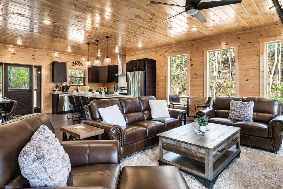 Great room combines eating area with living area