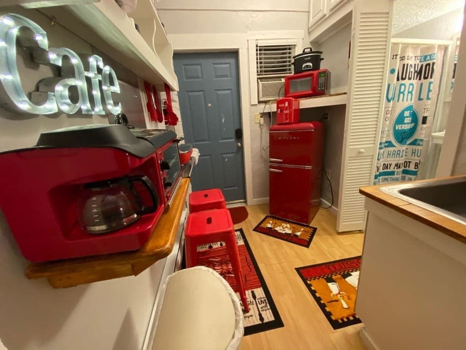 Mini-fridge-freezer, pop-teeny-fridge, microwave, coffee maker...