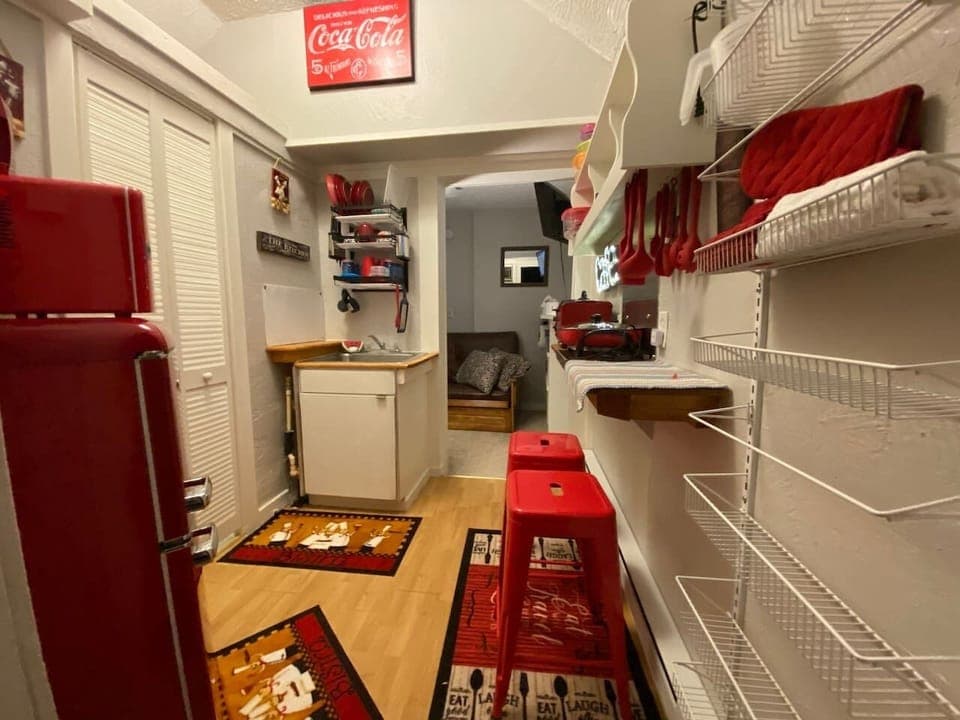 Plates, bowls, cups, silverware, cleaning supplies, 