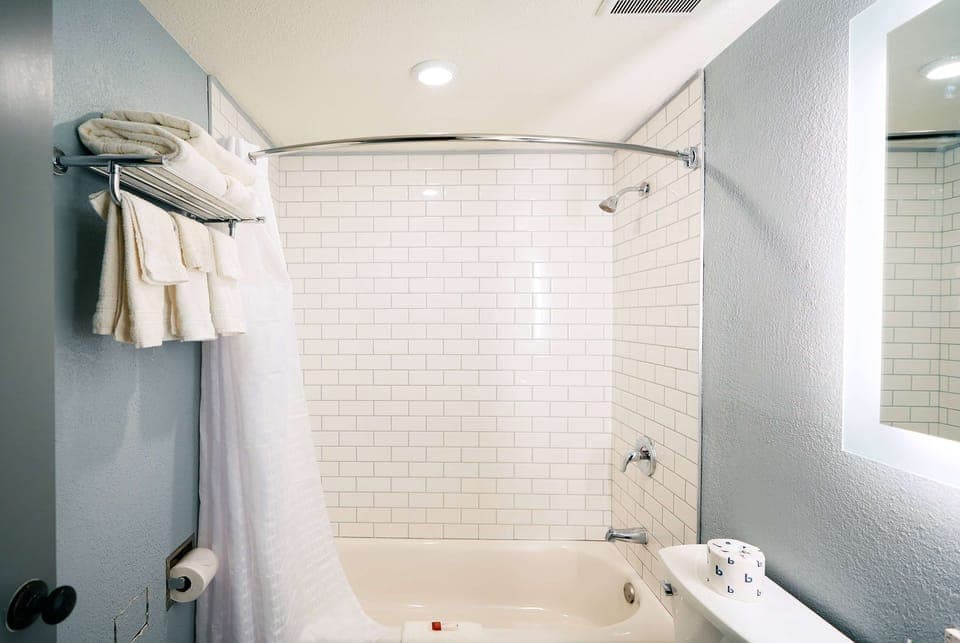 Combined shower/tub, free toiletries, towels