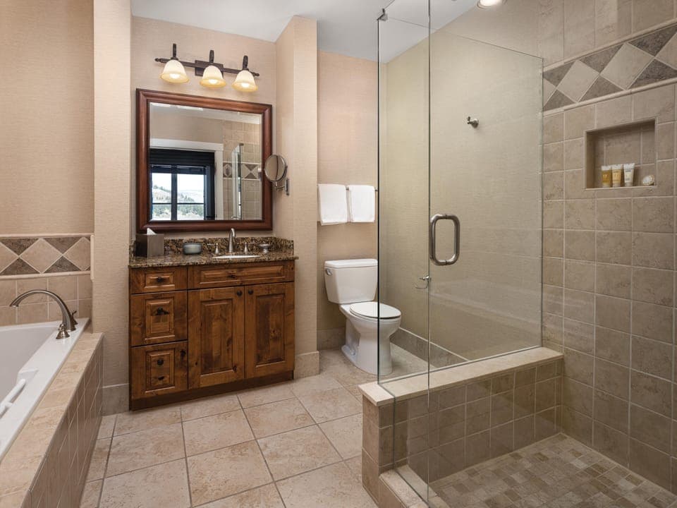 Separate tub and shower, jetted tub, free toiletries, hair dryer