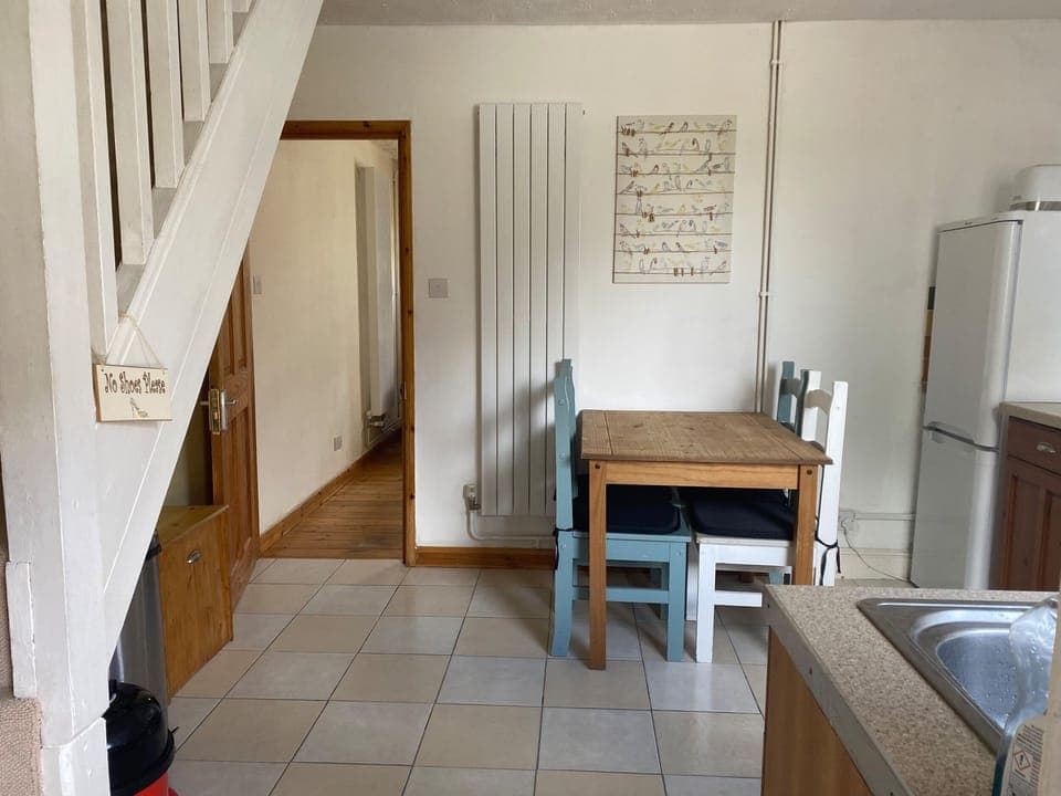 Fridge, electric kettle, toaster, cookware/dishes/utensils