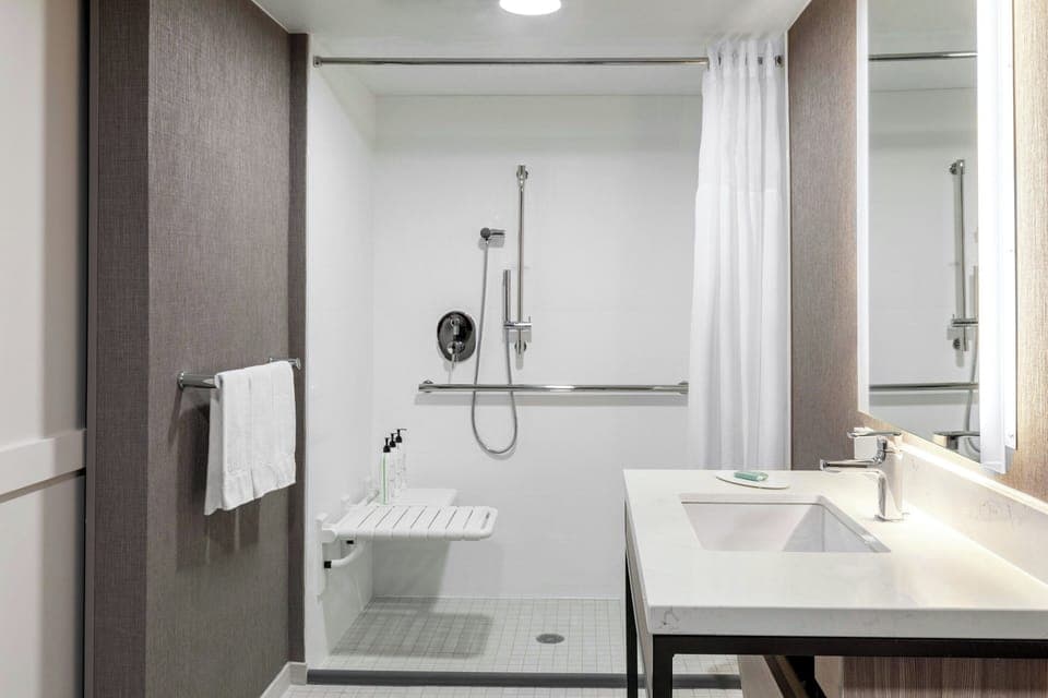 Combined shower/tub, free toiletries, hair dryer, towels