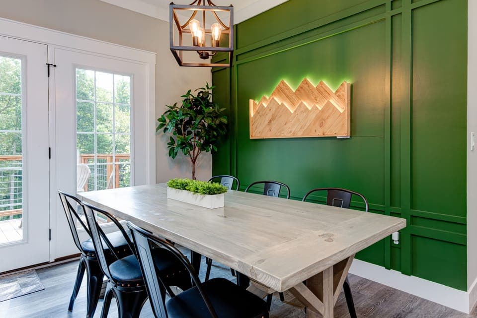 Gather for meals, games, or late-night chats at this farmhouse-style table