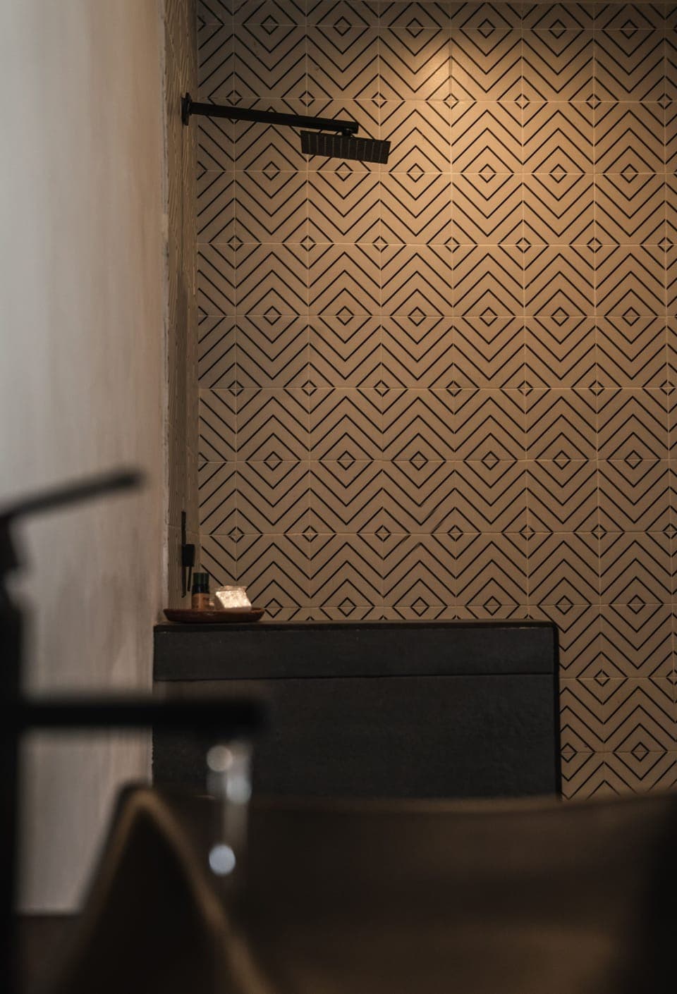 Shower, rainfall showerhead, hair dryer, heated floors