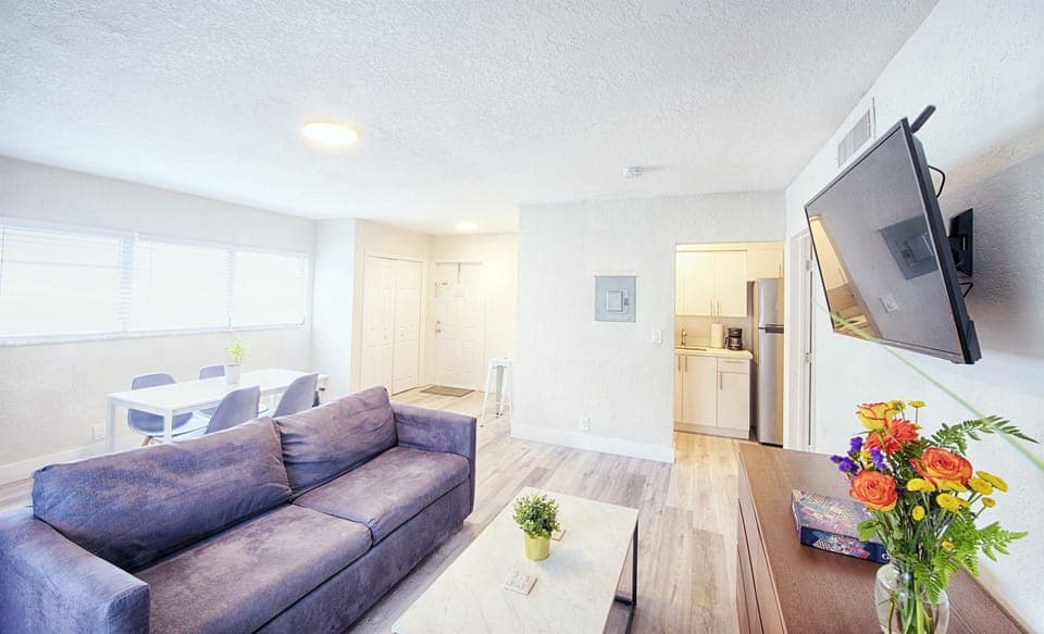 Featuring living room with 40" smart TV, and sofa queen bed. Apartment entry and kitchen entry in view.