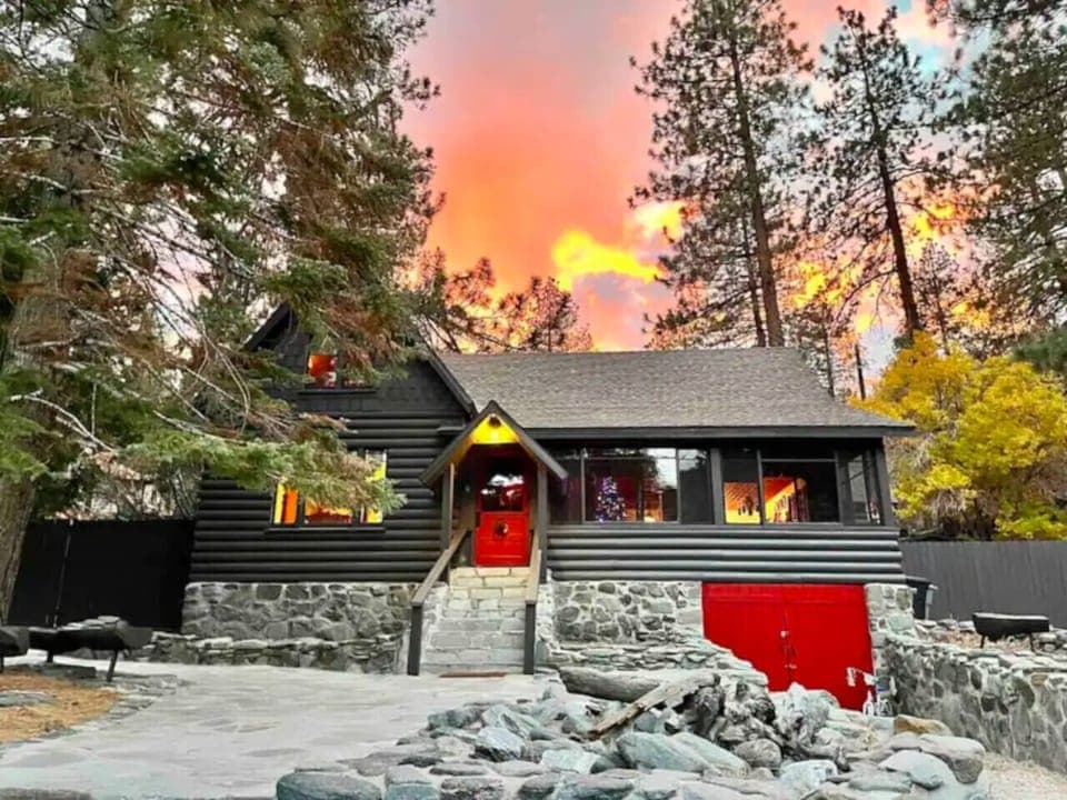 Golden hour magic at Wrightwood Chalet – your front-row seat to nature`s nightly masterpiece.